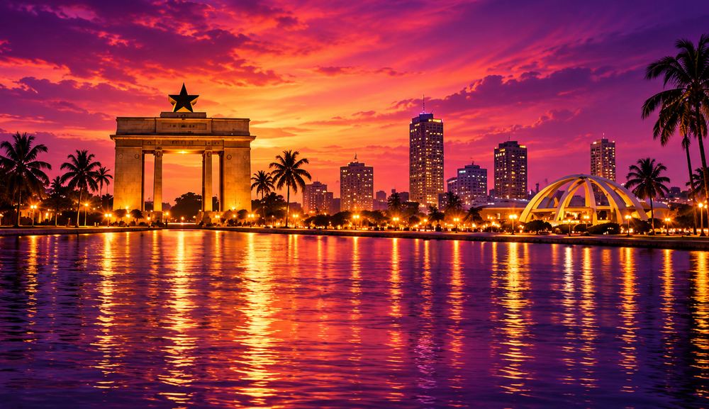 Accra skyline and Independence Arch reflected in the water at dusk