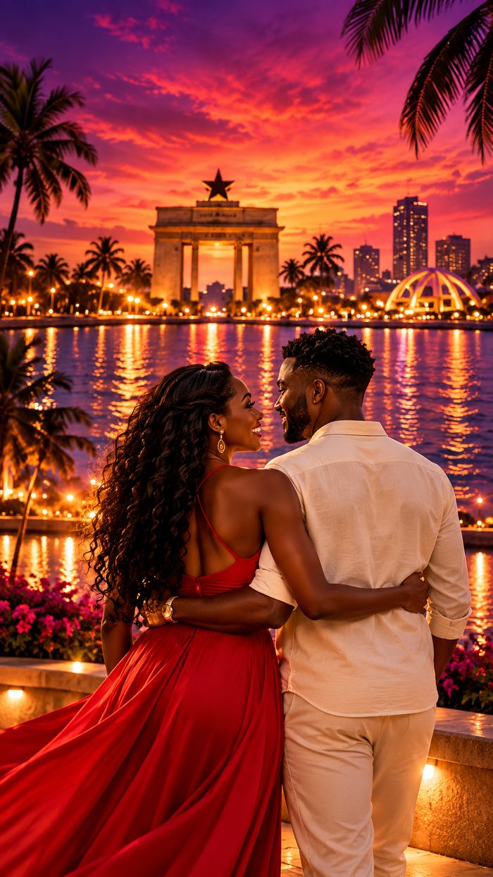 A couple overlooking Independence Arch at sunset