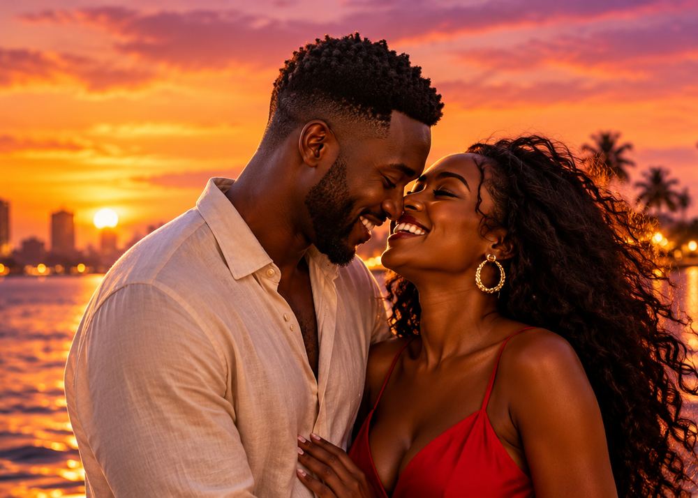 A couple laughing together by the sea at sunset